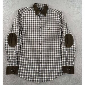 Karaca Shirt Mens‎ Large White Brown Plaid Slim Fit Elbow Patches Button Down
